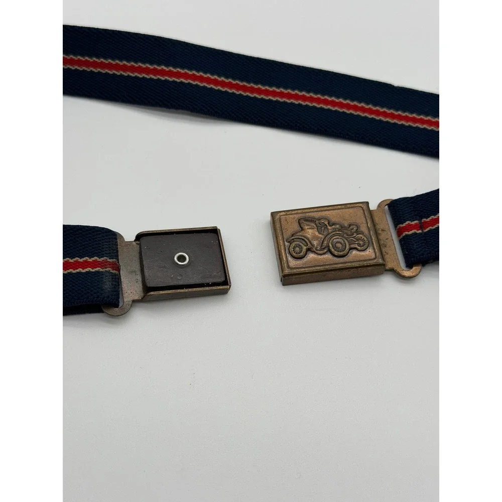 Vintage 70's Kids Elastic Belt Navy Blue Red Striped Brass Car Buckle Adjustable
